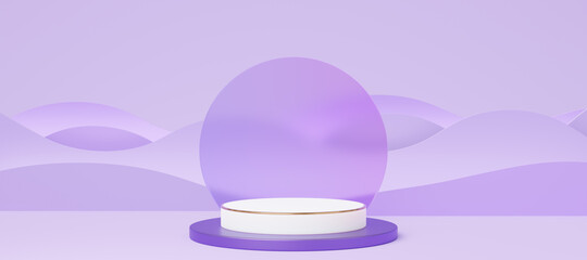 Empty white cylinder podium with gold border on purple wave background. Abstract pastel minimal studio 3d geometric shape. Mockup space for display of product design. Paper cut style. 3d rendering.