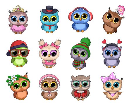 Cute cartoon owls. Owl designs, isolated animal in caps and hat. Summer and winter characters, funny wild birds wear green scarf and sunglasses, garish vector set