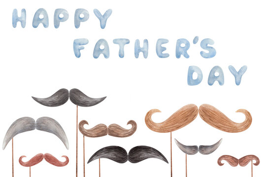 Watercolor illustration of hand painted black, brown and grey moustache on stick with hand painted blue lettering Happy Father's Day. Perfect for greeting design card, postcard, flyer, banner, poster