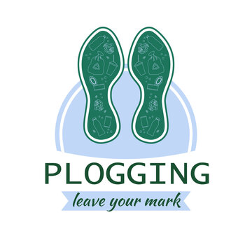 Plogging. Vector illustration of symbol of an eco-friendly lifestyle. The image of footprints from sneakers. Icon or logo with motivational lettering "Leave your mark".