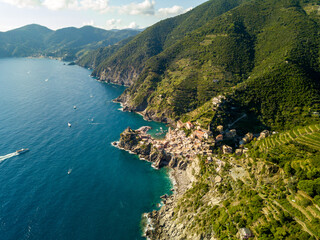 aerial/drone view of Vernazza, a small town of the Cinque Terre National Park, Tuscany Italy	