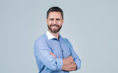 Spirit of Expertise. smiling bearded businessman in shirt. confident guy with bristle.