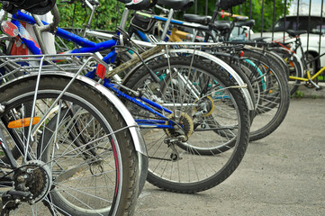 Fototapeta na wymiar Bicycle parking, row of bicycles perspective, wheel close up. Selective focus