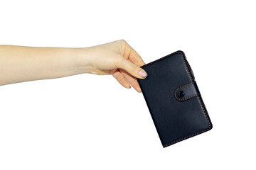 notepad or notebook in hand on white background, hand over to records