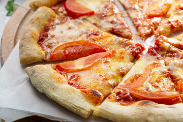 Close up of sliced pizza fast food concept