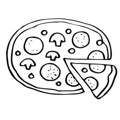 Pizza with cut piece vector illustration, hand drawing doodle