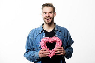 Keeping love in his heart. Romantic greeting. Valentines day sales. Love and romance. Happy man...