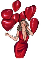 A woman in a red dress holds red balloons in the shape of hearts in her hands. A girl with lush wavy blonde hair blows a kiss. Illustration
