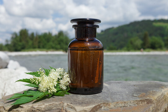 Old medical bottle placed on stone against background of water and mountains. Elderberry flowers and bottle.