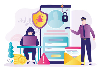 Police officer came to arrest cyber criminal. Hacker breaks into personal or bank account