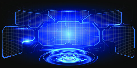Vector illustrations of virtual digital futuristic stage neon glowing dome.Future tech showroom for digital technology product.