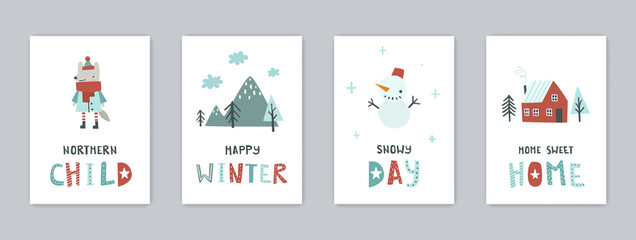 Scandinavian winter poster set. Bundle of nordic baby prints for nursery and apparel.