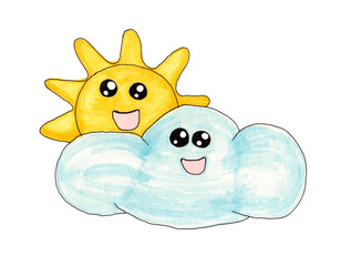 The sun and a cloud isolated on a white background. Weather icons. Cute hand-drawn sketch.