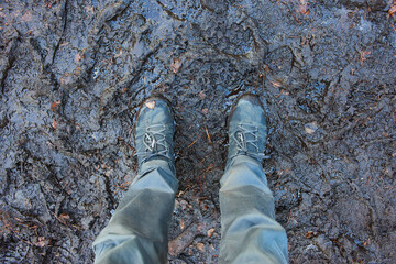 Tourist Shoes in the mud. Trips in bad weather