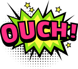 Ouch sound comic book, pop style dotted. Vector cloud halftone ouch pop art, cartoon speech comic bubble illustration