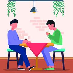 Two boys enjoying coffee together while chatting together. Vector colorful illustration. Coffee.