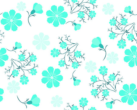 A simple seamless pattern of blue flowers with dark leaves on a white background. Vector illustration for wallpaper design, fabric, packaging