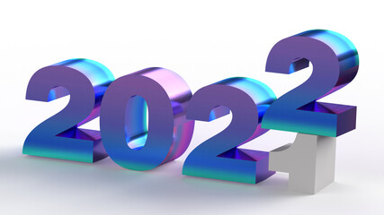 New Year 2022 with the concept of change from 2021 to 2022, three-dimensional rendering, 3D illustration, the 3D symbol of New Year in violet color with reflection mirror effect, Isolated background