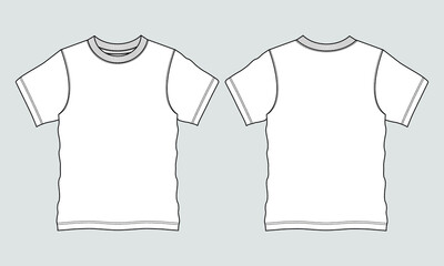 Regular fit Short sleeve T-shirt technical Sketch fashion Flat Template With Round neckline Front and back view. Clothing  Art Drawing  Vector illustration basic apparel design Mock up.