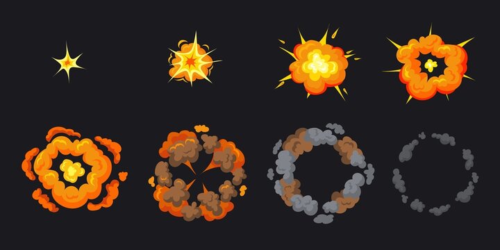 Explosion animation. Cartoon explosive smoke, sprite frame for game, puff motion effect explode bomb, comic boom flash fire, storyboard atomic blast, hit energy neat vector