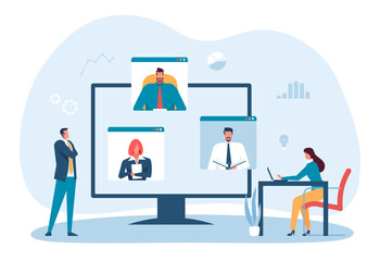 Business online meeting with big screen by video platform. Illustration of business online communication vector