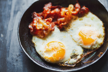 pan of bacon fat  fried eggs breakfast