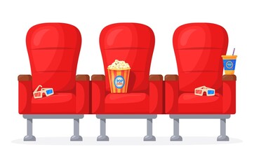Fototapeta premium Cartoon cinema chair. Red movie theater seats for comfortable watching film at home, watch night screen in sofa with popcorn cola 3d glasses, audience concert, neat vector