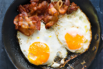 pan of bacon fat  fried eggs breakfast