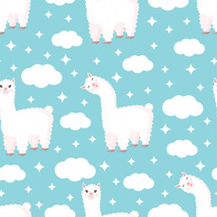 Seamless pattern with funny llama, clouds and stars on a blue background. Vector illustration suitable for baby texture, textile, fabric, poster, greeting card, decor. Cute alpaca from Peru.
