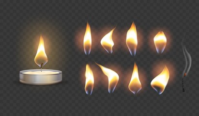 Realistic candle flame. 3d flaming candles, wax burning wick, moving memorial fire, xmas tealight, holy decor romantic lighting extinguish lamp blow smoke, tidy vector illustration