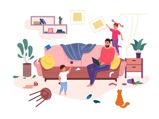 Father working home. Work family inside, busy calm man indoor messy room with funny child, vector illustration