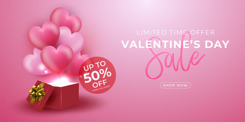 Realistic banner valentine's day sale with balloons and gift box template