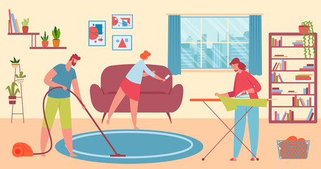 Family cleaning home and doing chores together. Vector household and housekeeping routine at house illustration