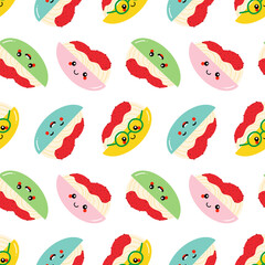 Cute and colorful spaghetti dish with tomato sauce characters vector seamless pattern background  for food design.
