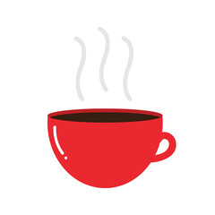 Hot cup of tea or coffee, red mug vector cartoon style illustration.
