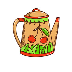 doodle style pottery kettle with cherry image. hand drawn teapot