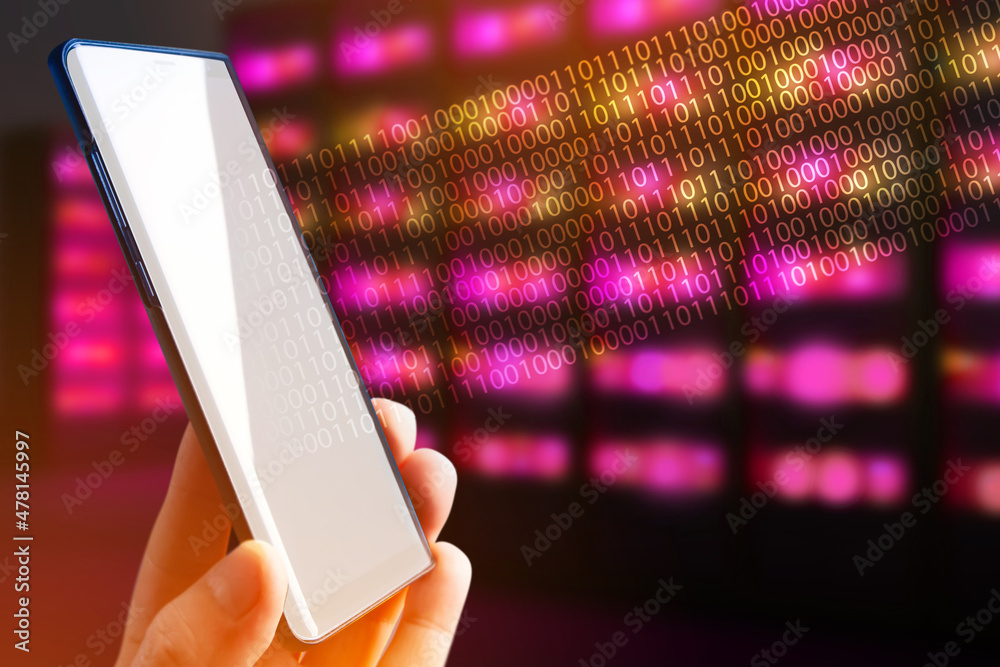 Poster telecommunication technologies. phone next to binary code. mobile internet concept. transfer of info