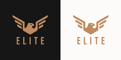 Flying eagle wings logo. Luxury flight icon. Gold hawk emblem symbol. Falcon shield badge. Vector illustration.