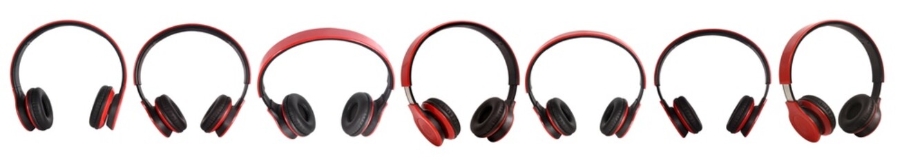 A set of wireless headphones from different angles of red and black colors on a white isolated...