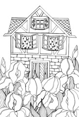 Coloring book for adults and children with an old village house and a garden of irises.