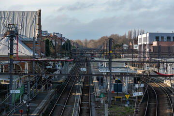 Jette, Brussels Capital Region - Belgium -  01 01 2022: View over the railway tracks and local train station