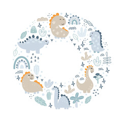 Circle Vector frame with dinosaurs and hand lettering dino with place for your text on white background. Greeting card, poster design scandinavian element