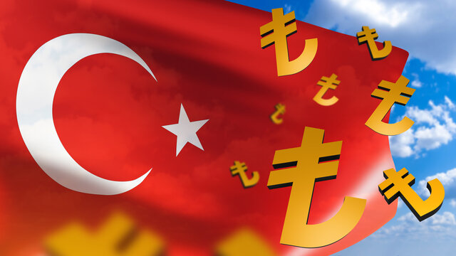 fall of lira. Devaluation of Turkish currency. Turkey flag on sky background. Golden symbols of Turkish lira. Fall of national currency of Turkey. Falling value of money in Turkey crisis. 3d image.