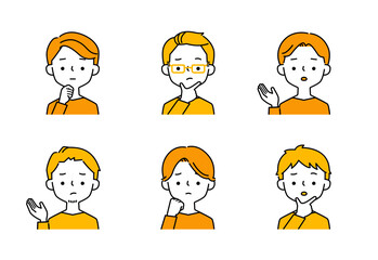 困った表情とポーズの男性のシンプルなイラストセット