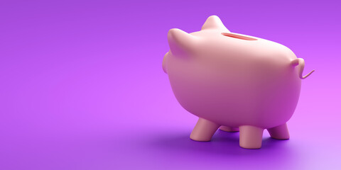 Pig piggy bank on purple background. Accumulation of wealth endgt. Accumulation and increase of money. Voluminous piggy bank for coins. Bank deposit metaphor. Deposit to save money. 3d rendering.