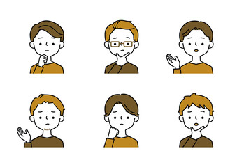 悩んでいる表情とポーズの男性のシンプルなイラストセット