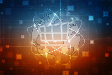 Obraz premium 2d illustration Shopping Cart network on world map
