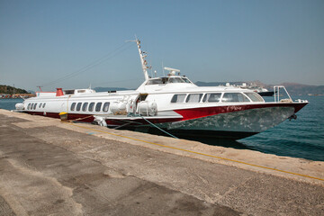 Unrecognized hydrofoil passenger ship moored in port. Corfu, Greece.