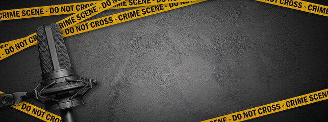 criminal investigation podcast. Crime audio story banner with concrete wall, microphone and...