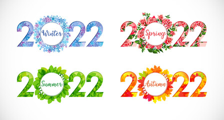 2022 set of icons. Creative seasonal decorations. Horizontal logotype concepts. Web banner idea. Abstract isolated graphic design template. Collection of digits with flowers, leaves and snowflakes.